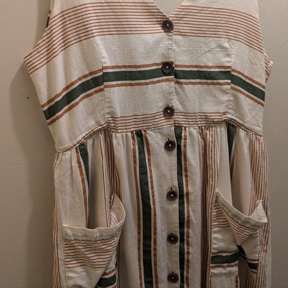 Zara Striped Rustic Dress Linen Button Front Pockets Self-tie Open Back- L/12 - Picture 5 of 16